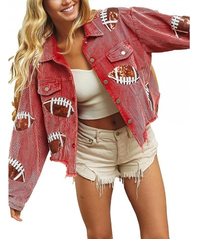 Women's Cropped Corduroy Jacket Football Sequin Patched Print Button Frayed Hem Shacket Outerwear Coat Red $27.43 Jackets