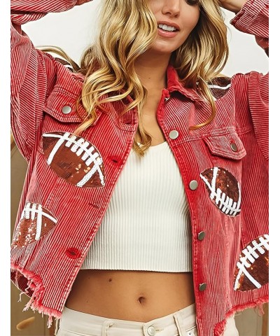 Women's Cropped Corduroy Jacket Football Sequin Patched Print Button Frayed Hem Shacket Outerwear Coat Red $27.43 Jackets