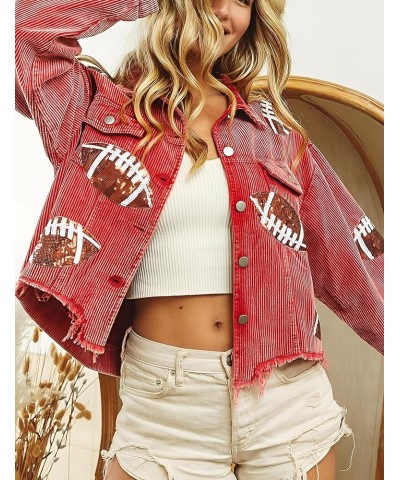 Women's Cropped Corduroy Jacket Football Sequin Patched Print Button Frayed Hem Shacket Outerwear Coat Red $27.43 Jackets