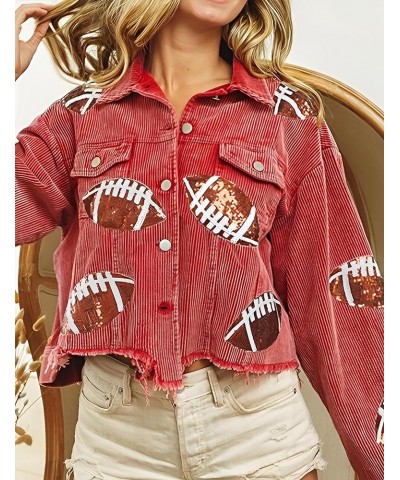 Women's Cropped Corduroy Jacket Football Sequin Patched Print Button Frayed Hem Shacket Outerwear Coat Red $27.43 Jackets