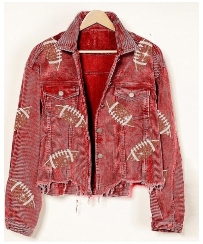 Women's Cropped Corduroy Jacket Football Sequin Patched Print Button Frayed Hem Shacket Outerwear Coat Red $27.43 Jackets