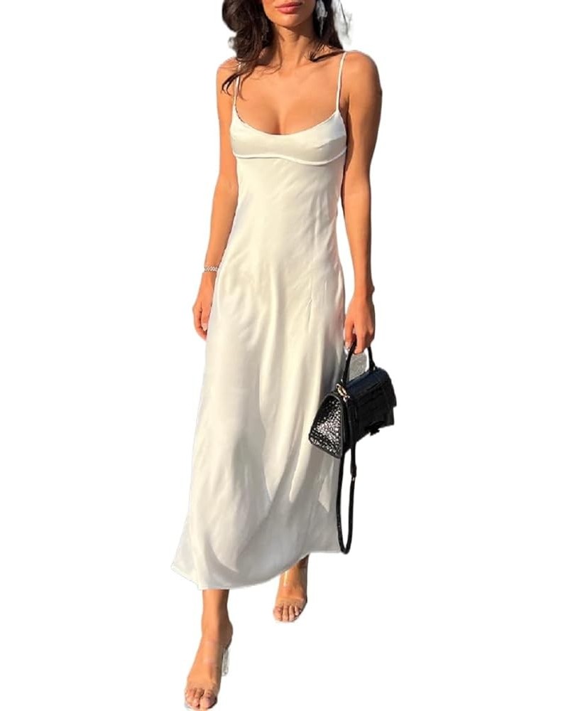 Women Sexy Satin Slip Dress Spaghetti Strap Silk Slim Long Dresses Bodycon Elegant Midi Low Cut Dress Silky White $12.93 Dresses