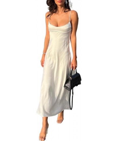 Women Sexy Satin Slip Dress Spaghetti Strap Silk Slim Long Dresses Bodycon Elegant Midi Low Cut Dress Silky White $12.93 Dresses