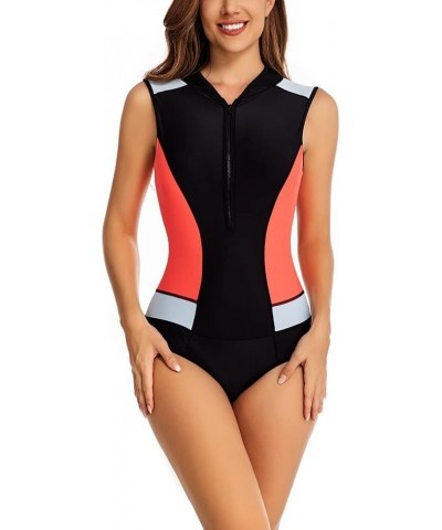 Women's One Piece Sleeveless Swimsuit Athletic Printed Zipper Surfing Monokini Swimwear Bathing Suit Black&red&white $21.44 S...