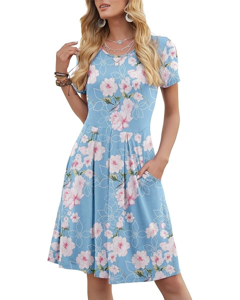 Women's Casual Flowy Pleated Loose Dresses with Pockets 0-flower Light Blue $17.84 Dresses