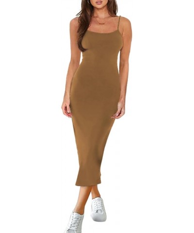 Womens 2024 Summer Casual Slip Long Dresses Sexy Spaghetti Strap Blackless Bodycon Party Midi Dress 03-brown $11.75 Dresses