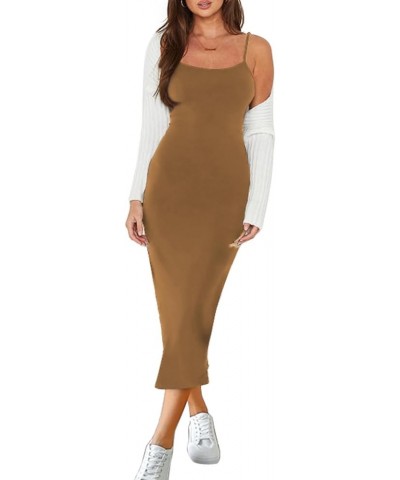 Womens 2024 Summer Casual Slip Long Dresses Sexy Spaghetti Strap Blackless Bodycon Party Midi Dress 03-brown $11.75 Dresses