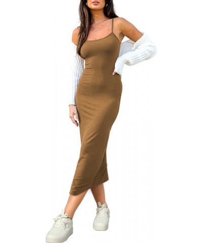 Womens 2024 Summer Casual Slip Long Dresses Sexy Spaghetti Strap Blackless Bodycon Party Midi Dress 03-brown $11.75 Dresses