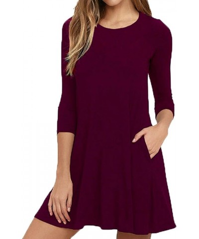 Womens Round Neck 3/4 Sleeves A-line Casual Tshirt Dress with Pocket Wine Red $14.96 Dresses