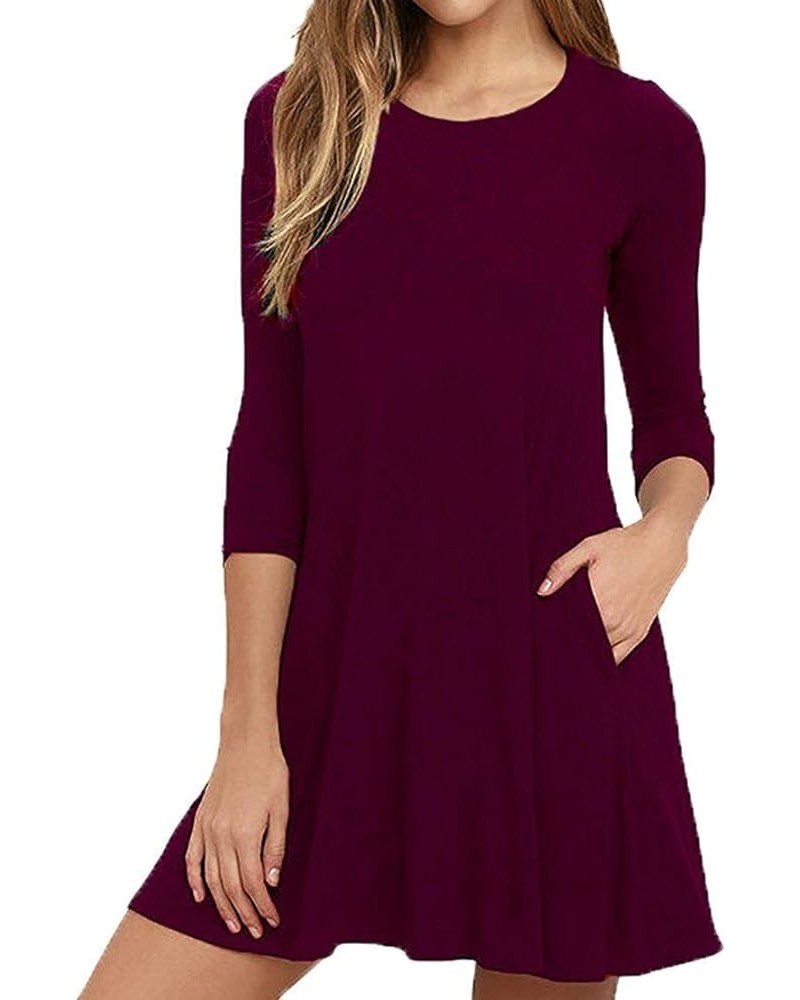 Womens Round Neck 3/4 Sleeves A-line Casual Tshirt Dress with Pocket Wine Red $14.96 Dresses