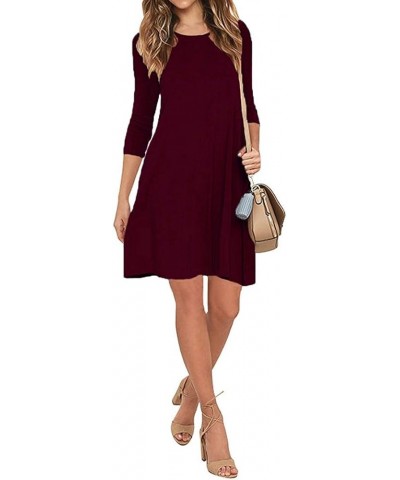 Womens Round Neck 3/4 Sleeves A-line Casual Tshirt Dress with Pocket Wine Red $14.96 Dresses