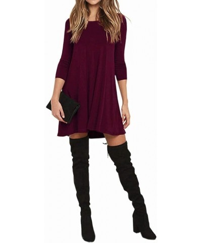 Womens Round Neck 3/4 Sleeves A-line Casual Tshirt Dress with Pocket Wine Red $14.96 Dresses