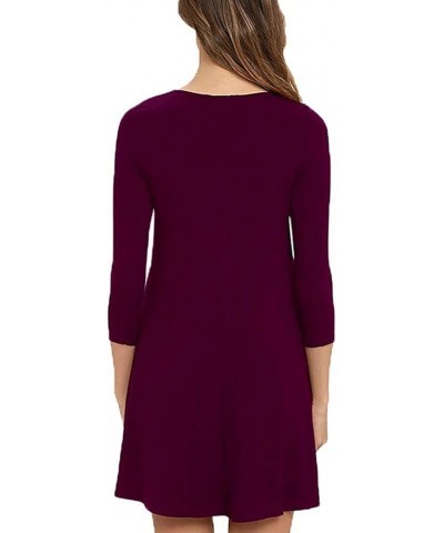 Womens Round Neck 3/4 Sleeves A-line Casual Tshirt Dress with Pocket Wine Red $14.96 Dresses