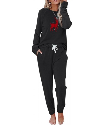 Christmas Outfits 2 Pcs Sets for Women Workout Sets Long Sleeve Jogger Tracksuit with Pockets Black-deer58 $12.00 Activewear