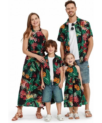 Matching Hawaiian Outfits for Family Mommy and Me Dresses Matching Set Tropical Floral Halter Sundress and Shirts Boy Black F...