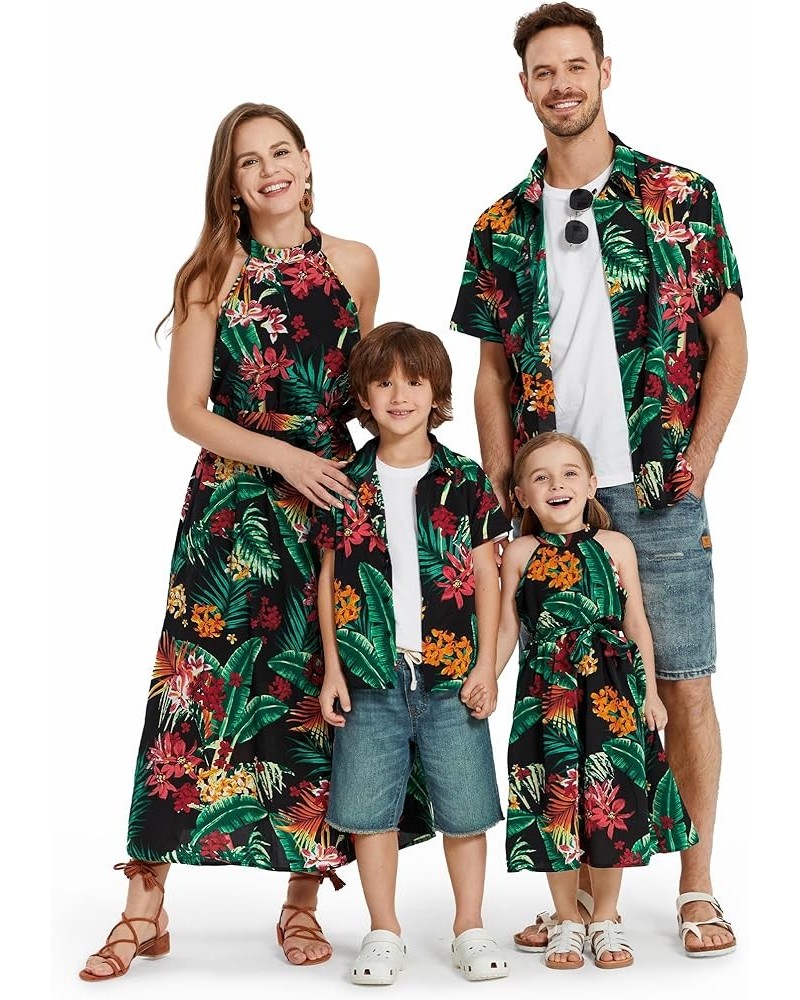 Matching Hawaiian Outfits for Family Mommy and Me Dresses Matching Set Tropical Floral Halter Sundress and Shirts Boy Black F...