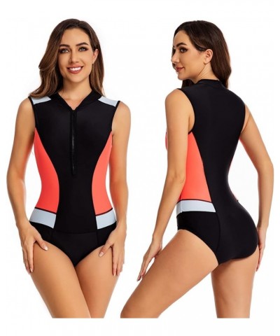 Women's One Piece Sleeveless Swimsuit Athletic Printed Zipper Surfing Monokini Swimwear Bathing Suit Black&red&white $21.44 S...