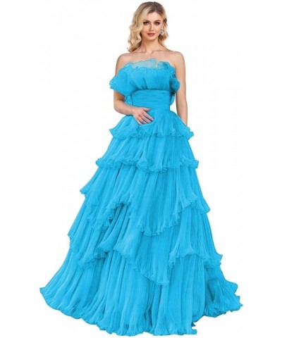 Strapless Ruffles Prom Dresses Long Tiered Tulle Ball Gown Princess Formal Evening Gowns for Women Blue $43.20 Dresses