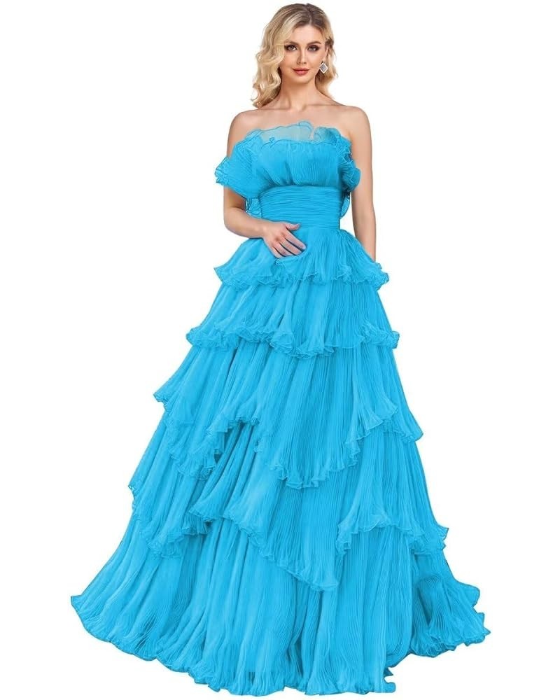 Strapless Ruffles Prom Dresses Long Tiered Tulle Ball Gown Princess Formal Evening Gowns for Women Blue $43.20 Dresses