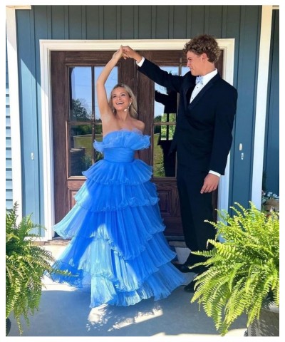 Strapless Ruffles Prom Dresses Long Tiered Tulle Ball Gown Princess Formal Evening Gowns for Women Blue $43.20 Dresses