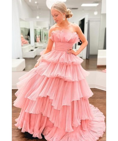 Strapless Ruffles Prom Dresses Long Tiered Tulle Ball Gown Princess Formal Evening Gowns for Women Blue $43.20 Dresses