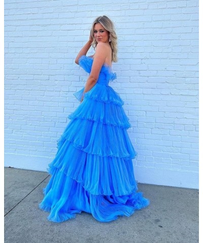 Strapless Ruffles Prom Dresses Long Tiered Tulle Ball Gown Princess Formal Evening Gowns for Women Blue $43.20 Dresses