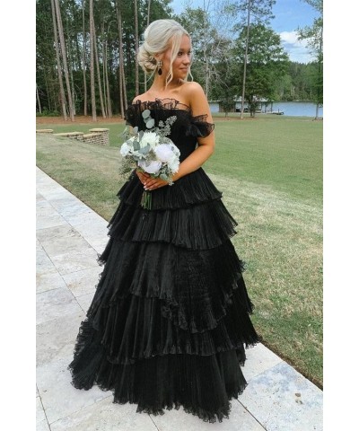 Strapless Ruffles Prom Dresses Long Tiered Tulle Ball Gown Princess Formal Evening Gowns for Women Blue $43.20 Dresses