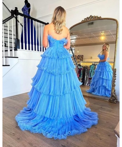 Strapless Ruffles Prom Dresses Long Tiered Tulle Ball Gown Princess Formal Evening Gowns for Women Blue $43.20 Dresses