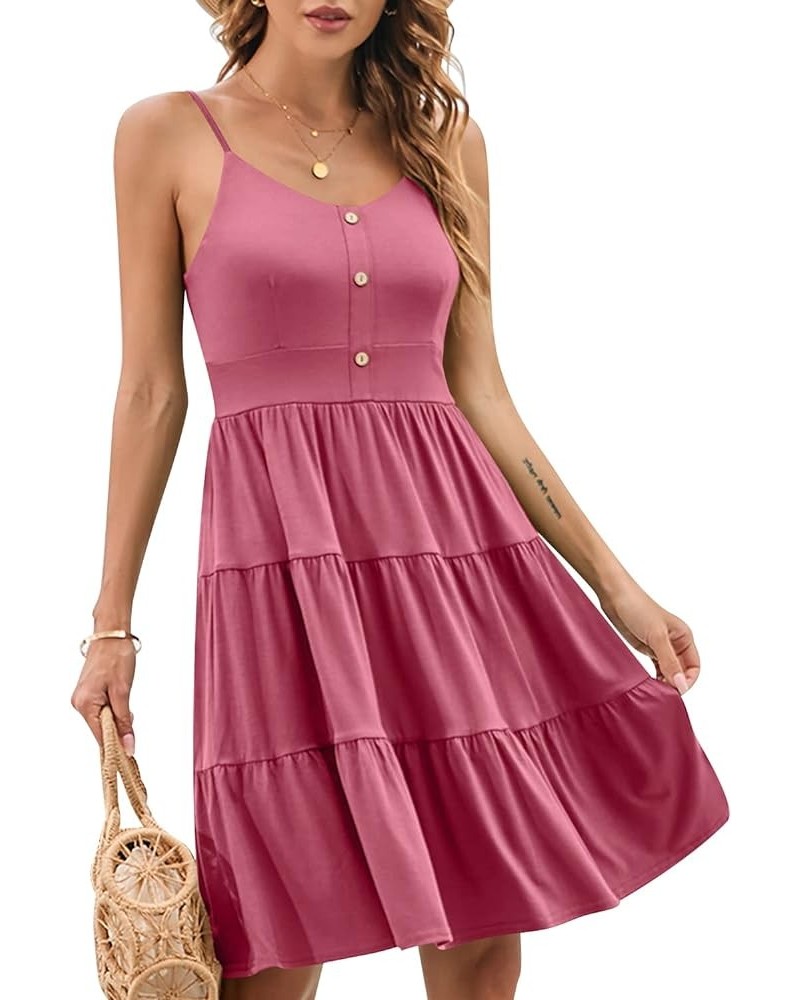 Sundresses for Women Casual Summer Beach Sleeveless Spaghetti Strap Dress Button Down Ruffle Flowy Pleated Dresses A-pink $16...