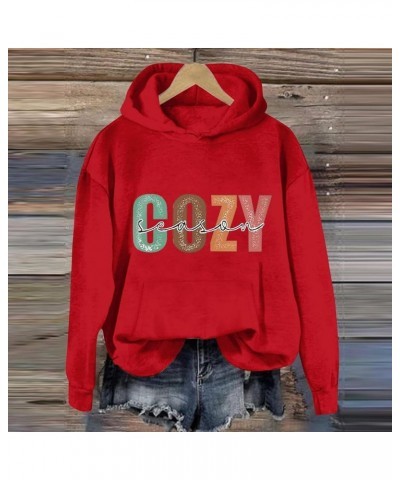 Cozy Season Hoodies for Women Letter Print Long Sleeve Hooded Sweatshirt Ladies Hoodie Oversized Y2K Letter Red $10.19 Hoodie...