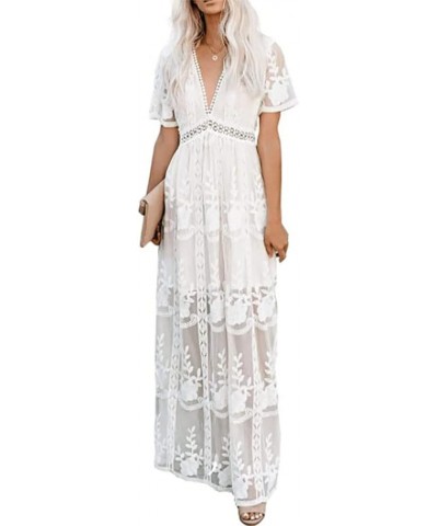 Womens Embroidery Floral Lace V Neck Short Sleeve Long Dress Casual Cocktail Party Maxi Wedding Dresses Style2 White $22.27 D...