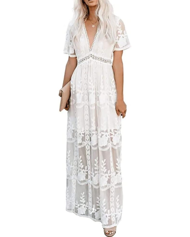 Womens Embroidery Floral Lace V Neck Short Sleeve Long Dress Casual Cocktail Party Maxi Wedding Dresses Style2 White $22.27 D...