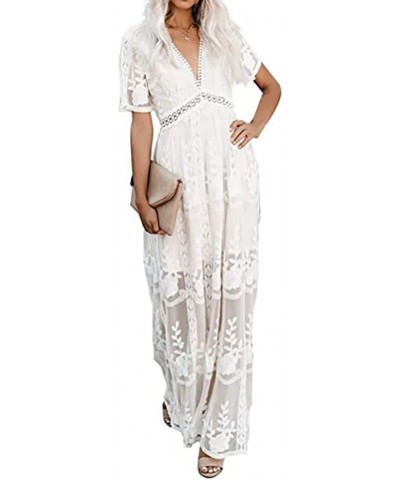 Womens Embroidery Floral Lace V Neck Short Sleeve Long Dress Casual Cocktail Party Maxi Wedding Dresses Style2 White $22.27 D...