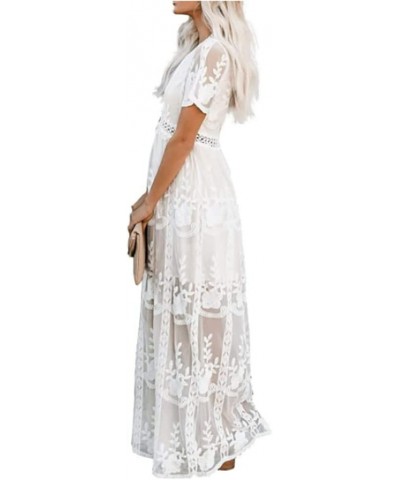 Womens Embroidery Floral Lace V Neck Short Sleeve Long Dress Casual Cocktail Party Maxi Wedding Dresses Style2 White $22.27 D...