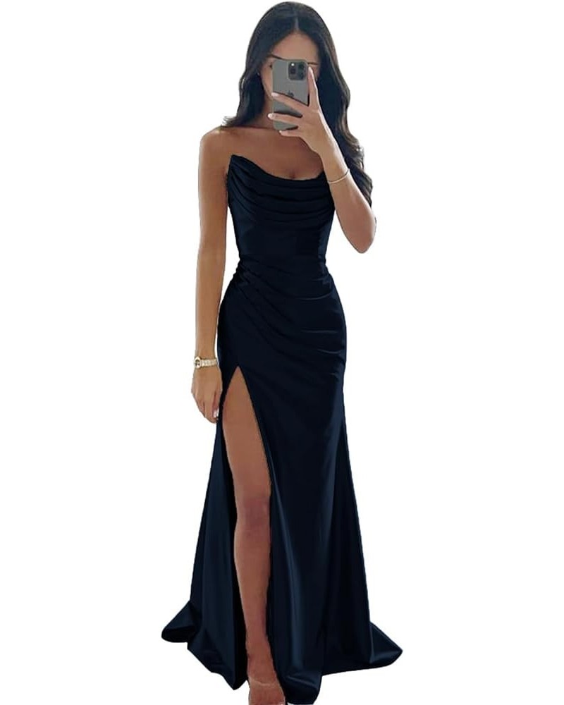 Womne's Mermaid Strapless Prom Dresses Long with Slit Pleated Satin Bridesmaid Dress for Wedding A-a-navy $28.59 Dresses