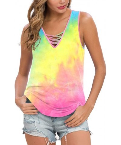 Women's Sleeveless Criss Cross Casual Tank Tops Basic Blouse 27 Tie Dye Colorful Light Yellow $12.00 Tanks