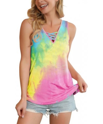 Women's Sleeveless Criss Cross Casual Tank Tops Basic Blouse 27 Tie Dye Colorful Light Yellow $12.00 Tanks