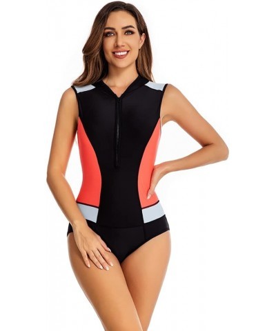 Women's One Piece Sleeveless Swimsuit Athletic Printed Zipper Surfing Monokini Swimwear Bathing Suit Black&red&white $21.44 S...