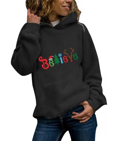 Womens Believe Christmas Hoodie Funny Graphic Loose Long Sleeve Lightweight Sweatshirt Black $10.92 Hoodies & Sweatshirts