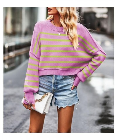 Women's Lantern Long Sleeve Crewneck Sweater Casual Solid Color Ribbed Hem Knitwear Pullover Cropped Tops Purple Green $25.19...