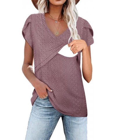 Women Nursing Petal Sleeve Tops V Neck Knitted T Shirts Darkpink $13.33 T-Shirts