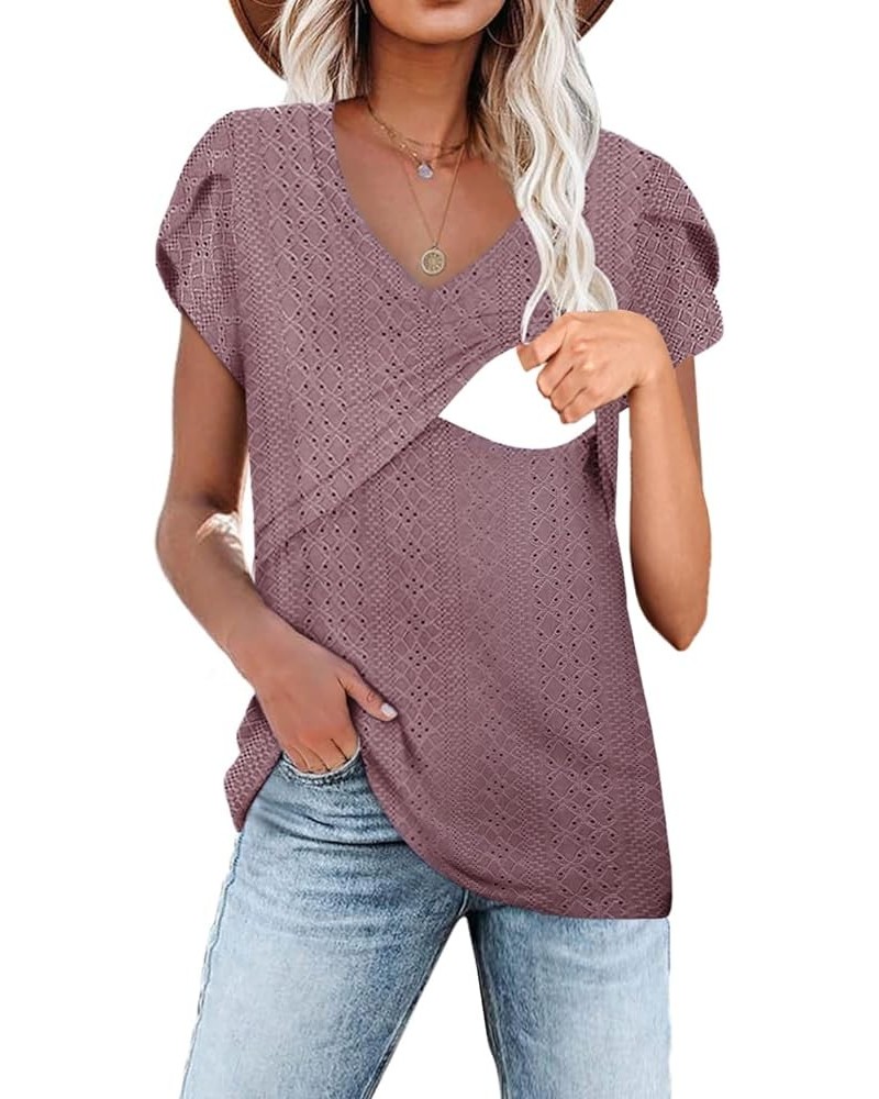 Women Nursing Petal Sleeve Tops V Neck Knitted T Shirts Darkpink $13.33 T-Shirts