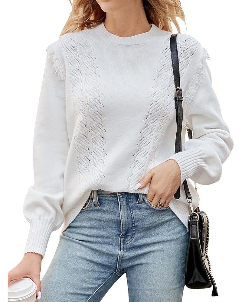 Womens 2023 Pullover Sweaters Crewneck Cable Knit Cute Trendy Fall Winter Sweater Tops A-Solid Color White014 $9.86 Sweaters