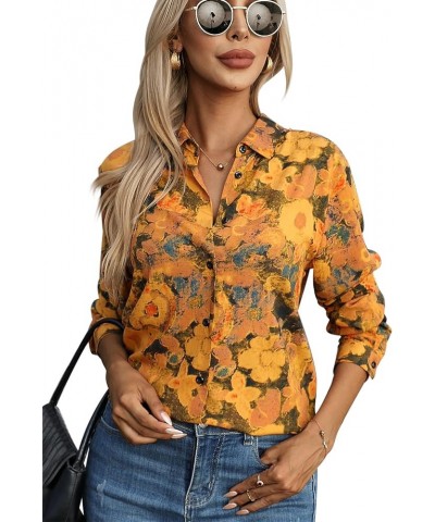 Womens Long Sleeve Button Down Shirts Dressy Casual Tops Work Blouses 06 Yellow Black $13.20 Blouses