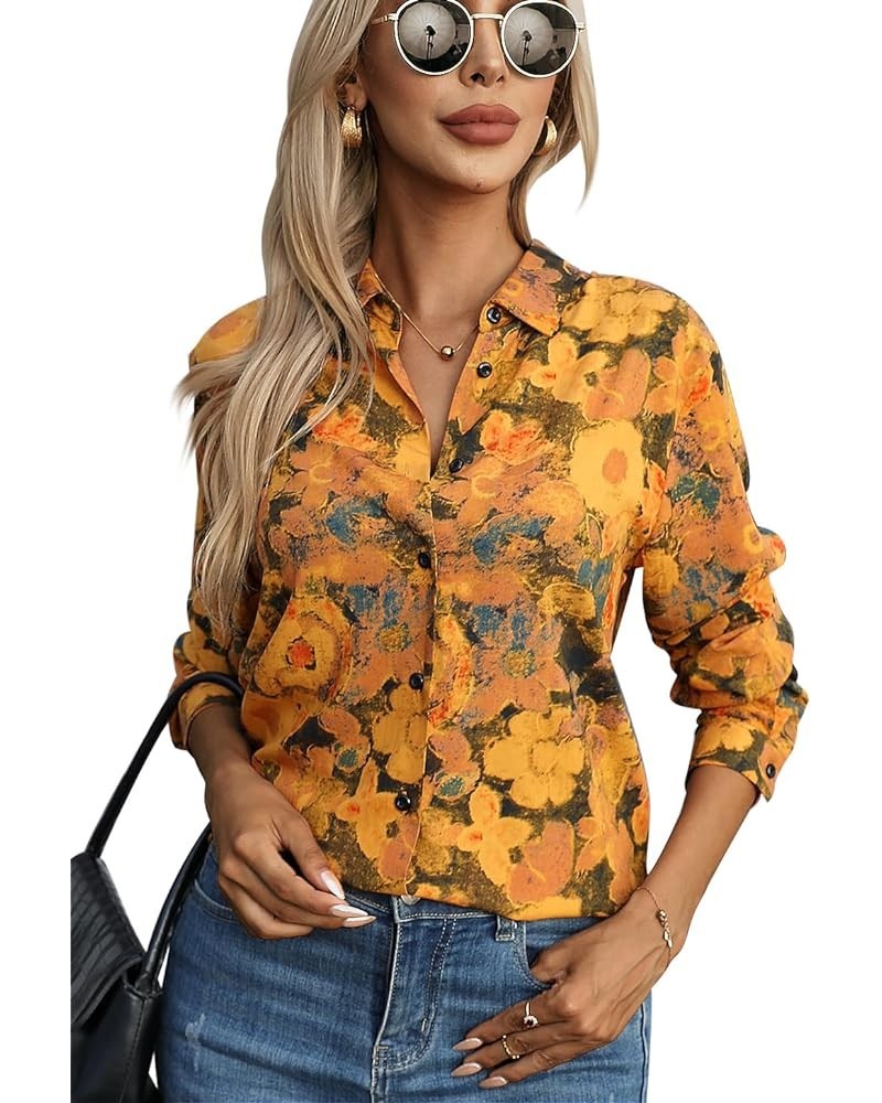 Womens Long Sleeve Button Down Shirts Dressy Casual Tops Work Blouses 06 Yellow Black $13.20 Blouses