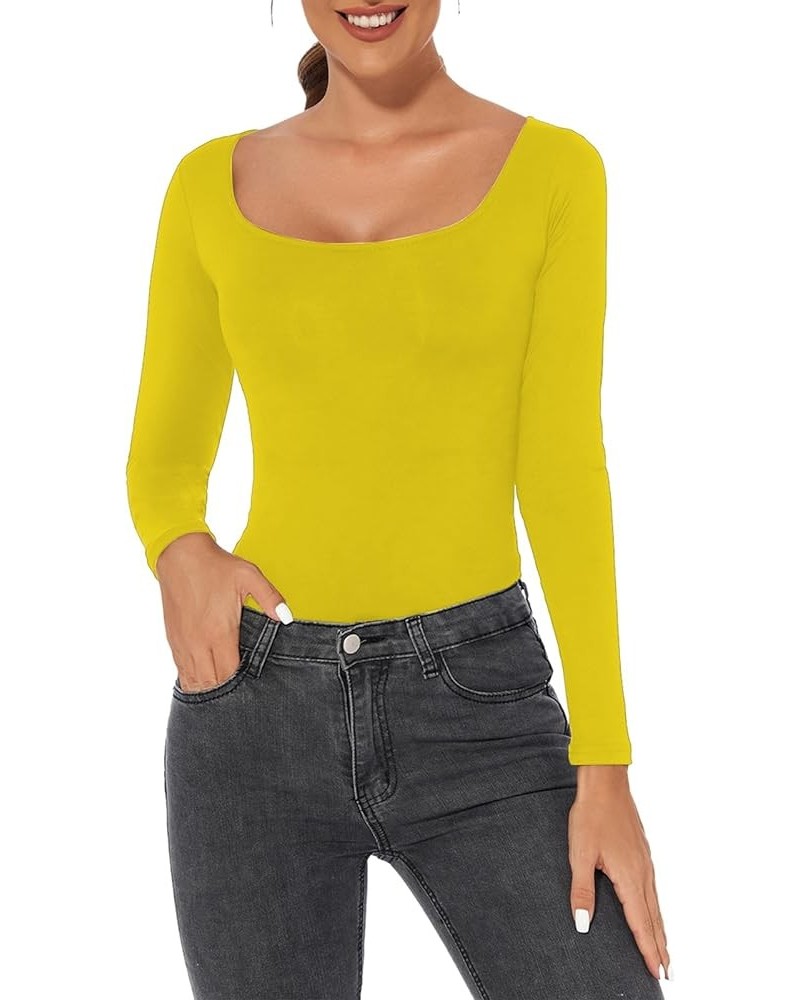 Women's Sexy Square Neck Long Sleeve Top Casual Slim Fitted T Shirt Going Out Y2K Crop Top Yellow a $5.60 T-Shirts