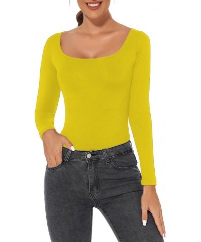 Women's Sexy Square Neck Long Sleeve Top Casual Slim Fitted T Shirt Going Out Y2K Crop Top Yellow a $5.60 T-Shirts