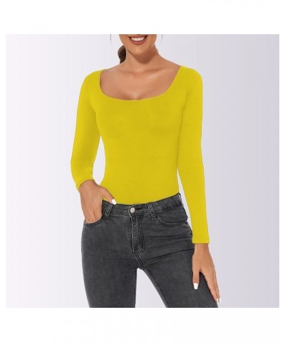 Women's Sexy Square Neck Long Sleeve Top Casual Slim Fitted T Shirt Going Out Y2K Crop Top Yellow a $5.60 T-Shirts