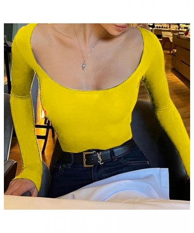 Women's Sexy Square Neck Long Sleeve Top Casual Slim Fitted T Shirt Going Out Y2K Crop Top Yellow a $5.60 T-Shirts