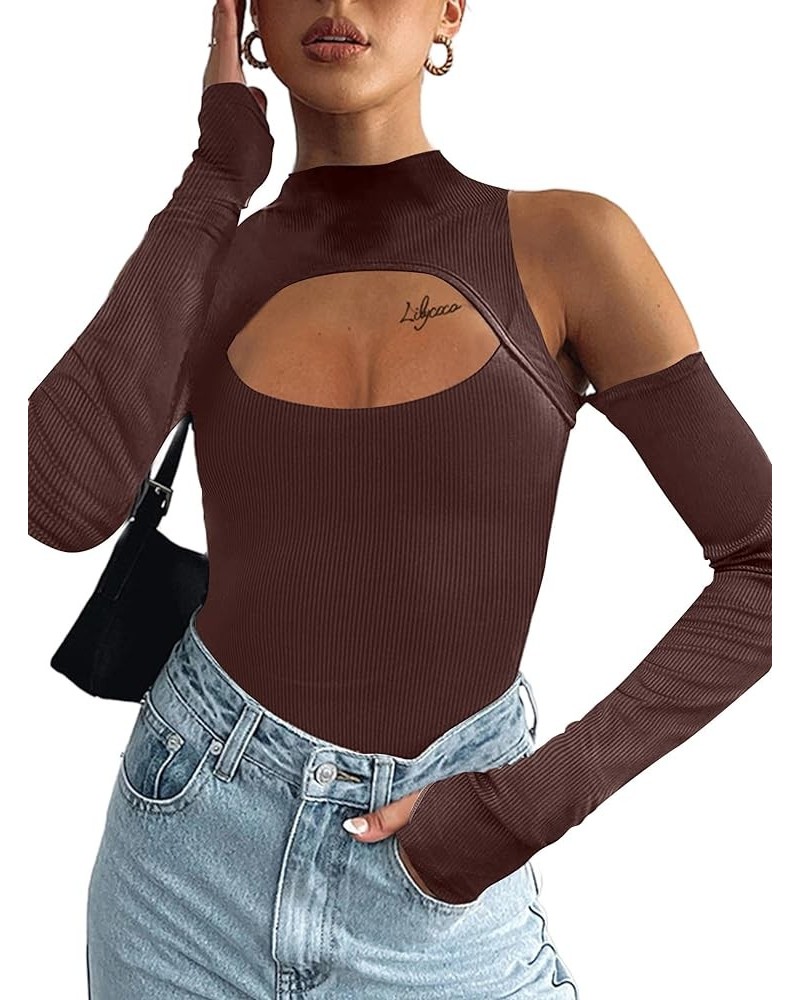 Women's Sexy Cut Out Long Sleeve Top Ribbed Knit Crew Neck T Shirt T Shirt Brown $12.31 T-Shirts